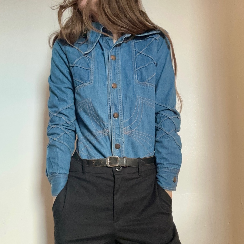 Great rare 70's piecing vintage denim shirt by Gamin